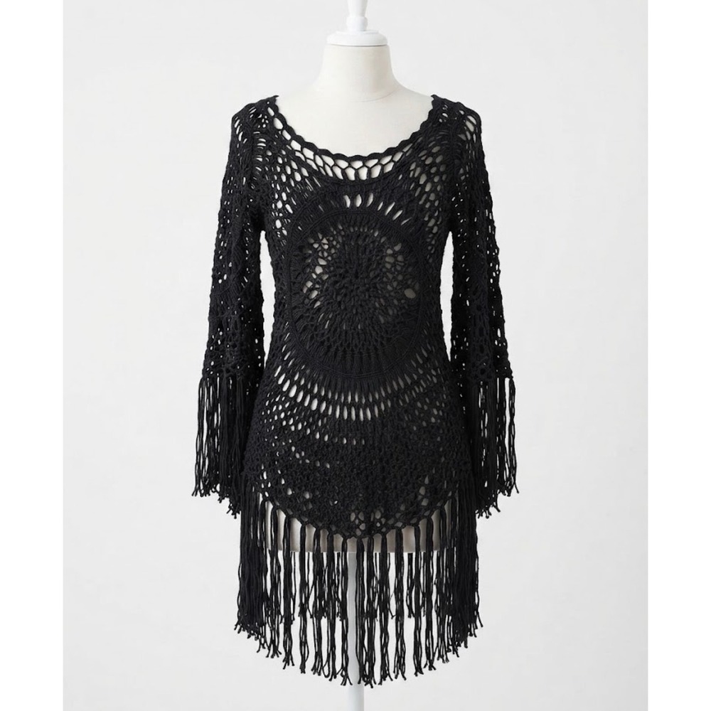 Vintage NEGS Y2K Black Crochet Fringe Festival Boho Hippie Cover Up Tunic Top M